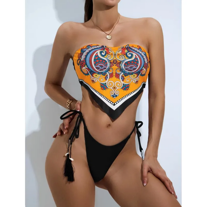 Printed Tube Top Lace-Up Bikini Set