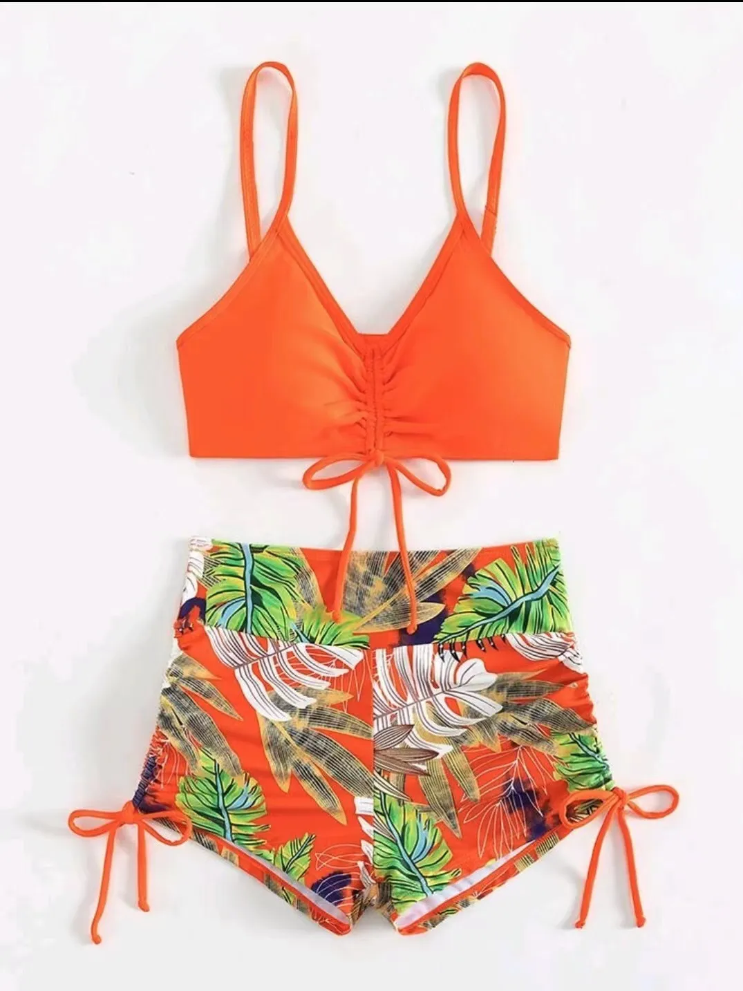Summer Women Bikini Sexy Leaf Print Boxer Split Swimsuit