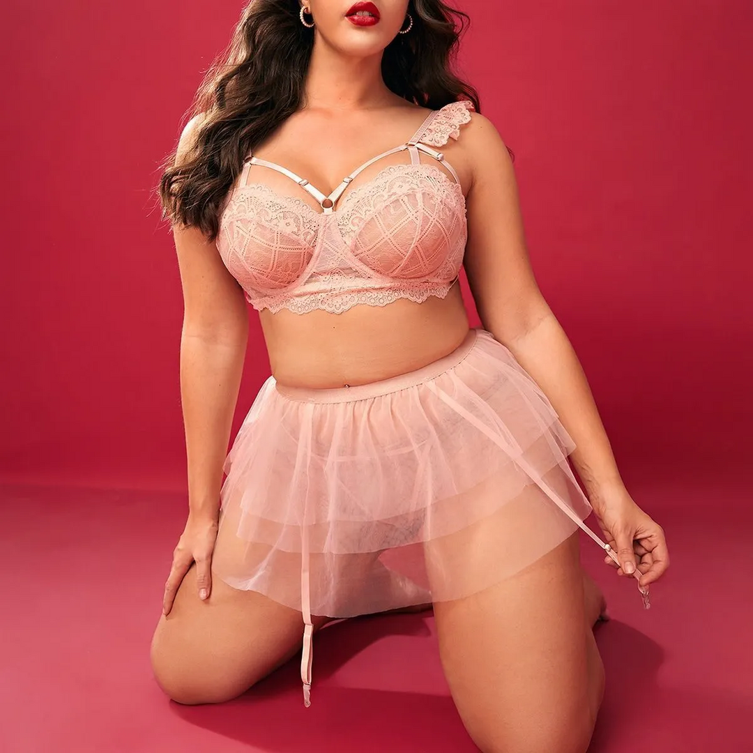 Plus Size Sheer Lace Mesh Lingerie Set