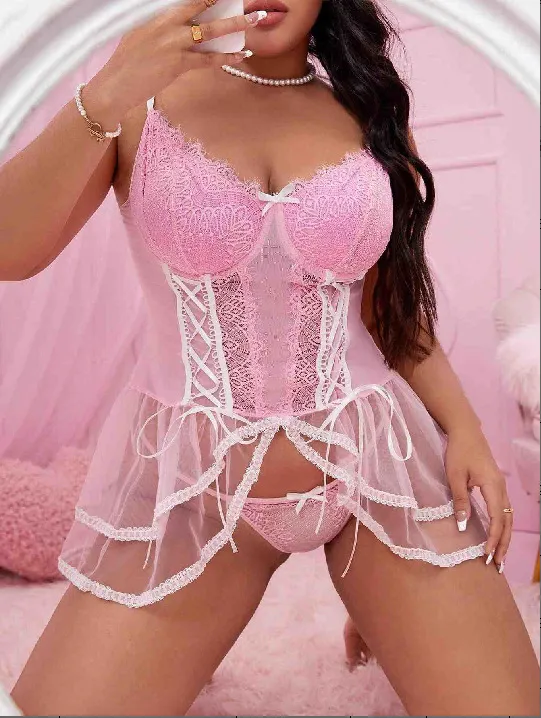 Plus Size Lace Mesh See-Through Sling Lingerie Set