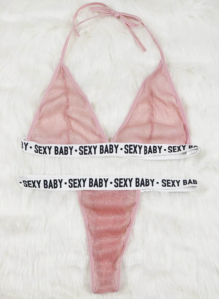 Letter Print Halter Backless Sheer Bikini Set