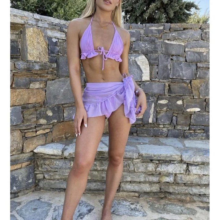 Women Halterneck Lace Pleated Mesh Skirt Bikini Set