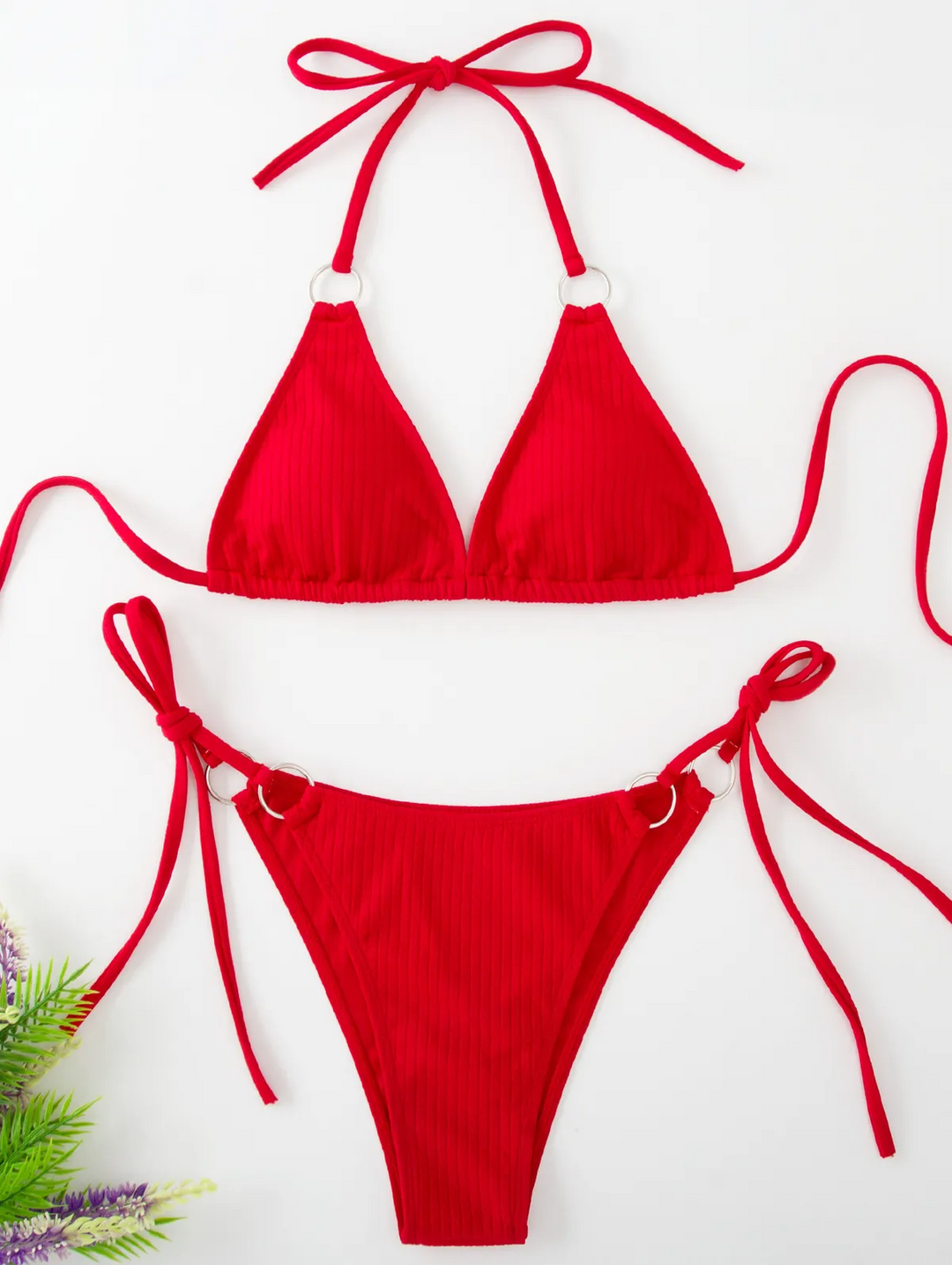 Solid Color Halter Lace-Up Bikini Set