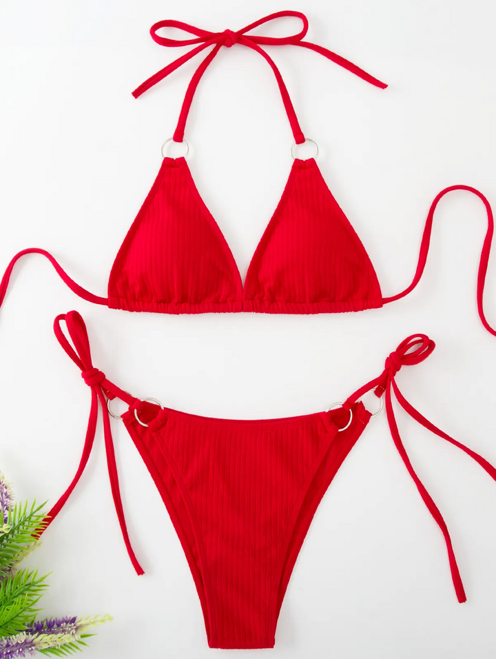 Solid Color Halter Lace-Up Bikini Set