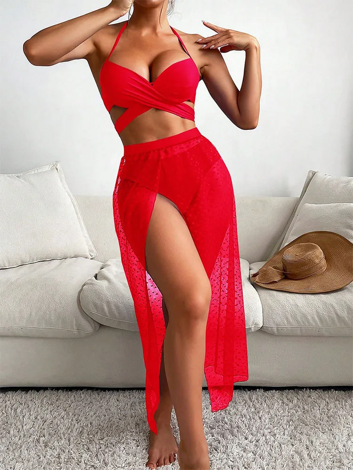 Women Sexy Solid Color Mesh Halter Neck Bikini Swimsuit Three-Piece Set