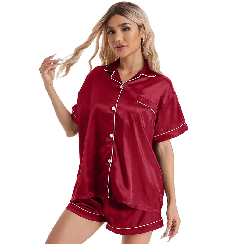Silky Imitation Lapel Short Sleeve Pajama Set