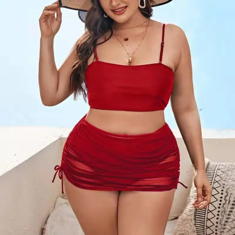 Summer Women Fashion Plus Size Solid Color Sling Mesh Swimsuit Three-Piece Set