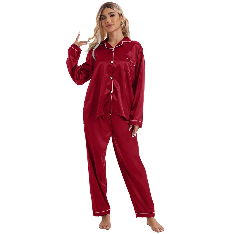 Casual Ice Silk Lapel Long Sleeve Pajama Set