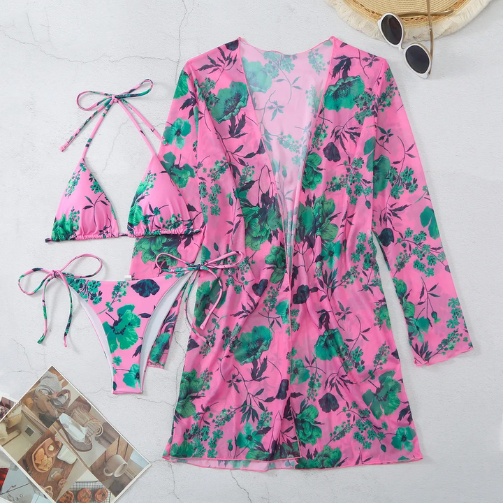 Women Fashion Floral Printed Mesh Bikini Swimsuit Three-Piece Set