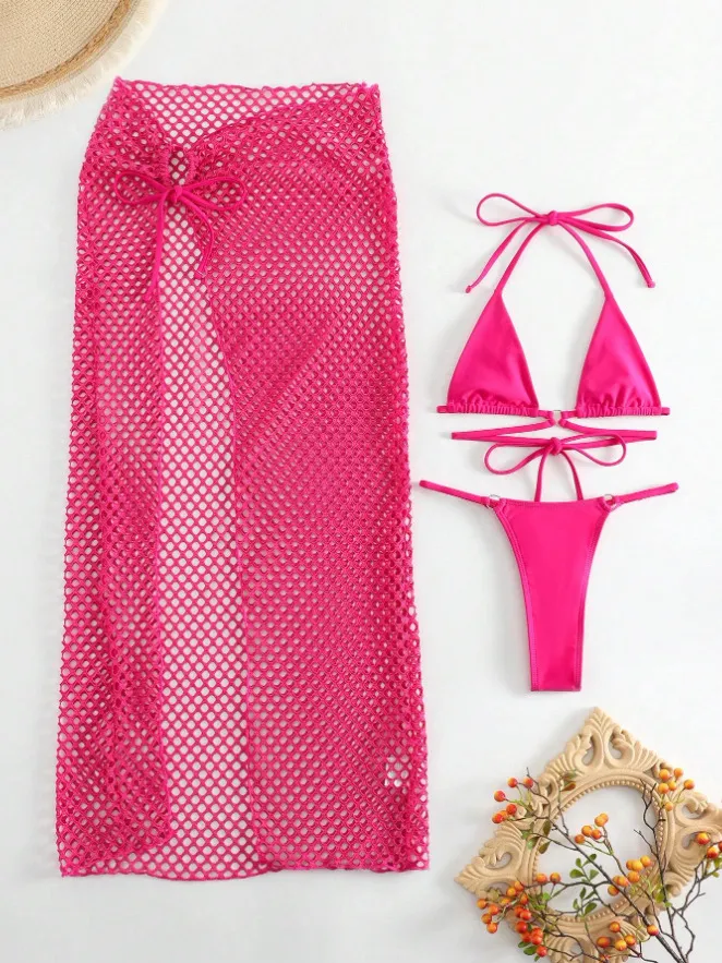 Swimsuit Women Three-Piece Sexy Split Bikini Long Skirt Solid Color Halter Strap Set