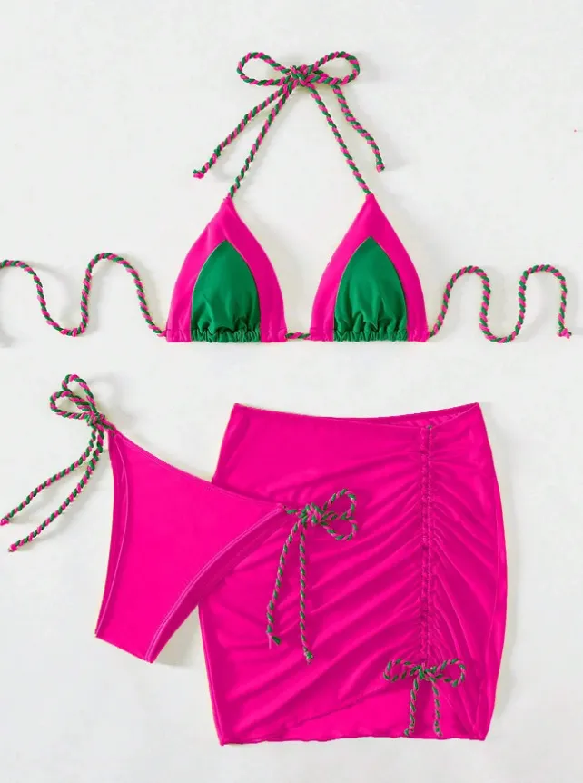 Women Fashion Sexy Halter Neck Lace-Up Bikini Swimsuit Three-Piece Set
