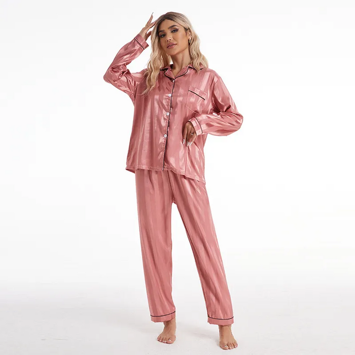 Casual Striped Imitation Silk Long Sleeve Pajama Set