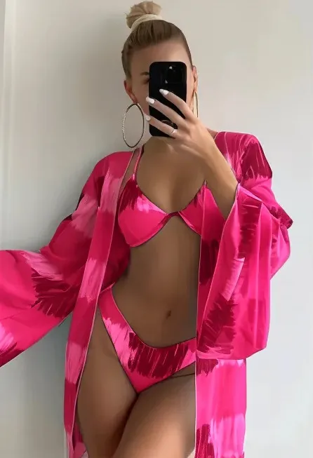 Summer Women Fashion Sexy Printed Bikini Swimwear Sunscreen Cover-Ups Three-Piece Set
