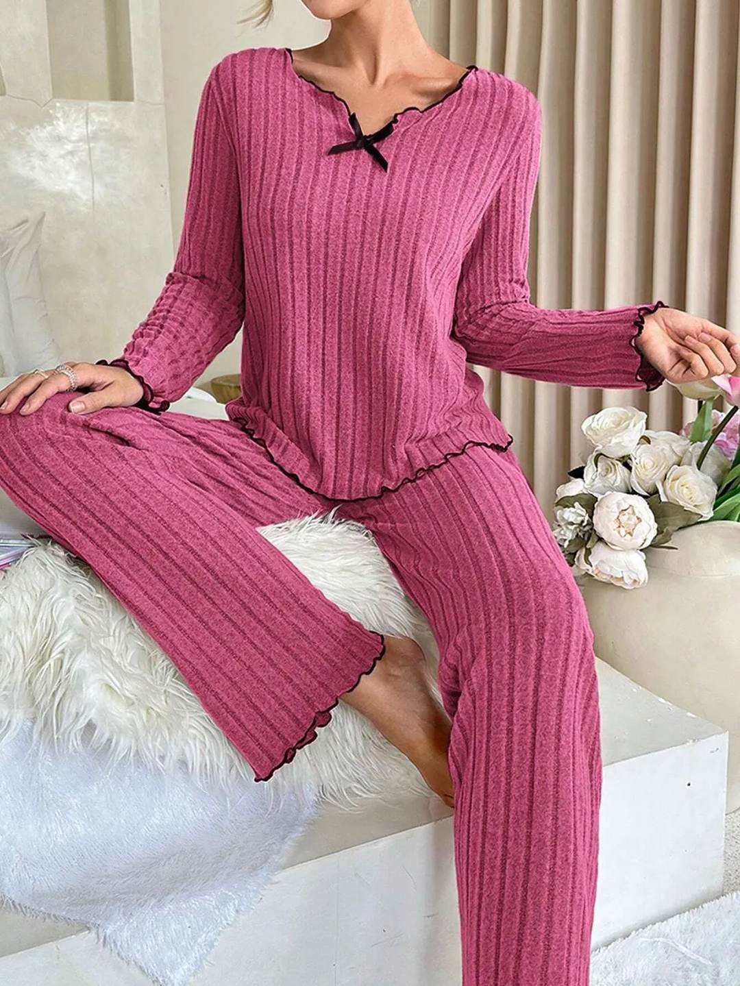 Casual Solid Color Ruffle Trim Loungewear Set