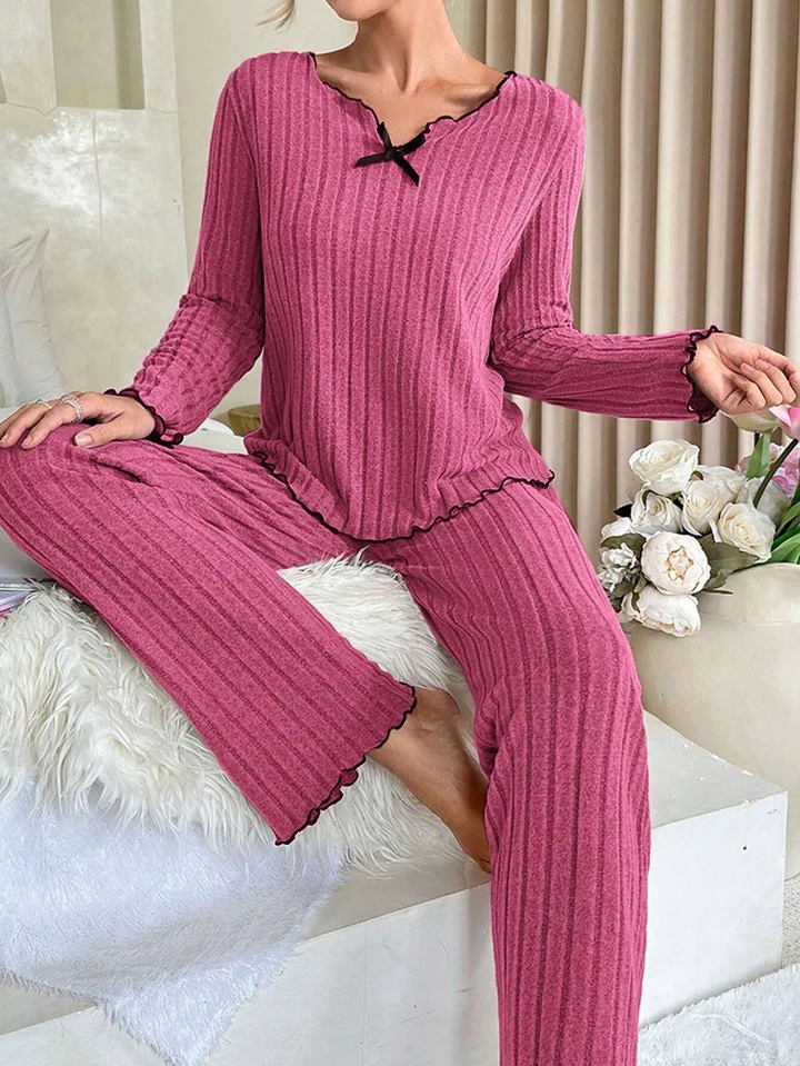 Casual Solid Color Ruffle Trim Loungewear Set
