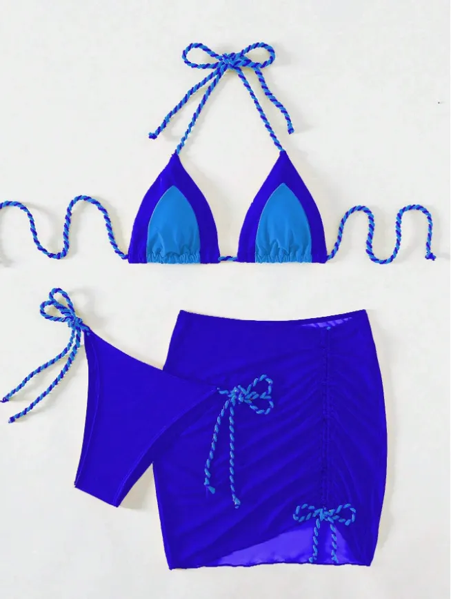 Women Fashion Sexy Halter Neck Lace-Up Bikini Swimsuit Three-Piece Set