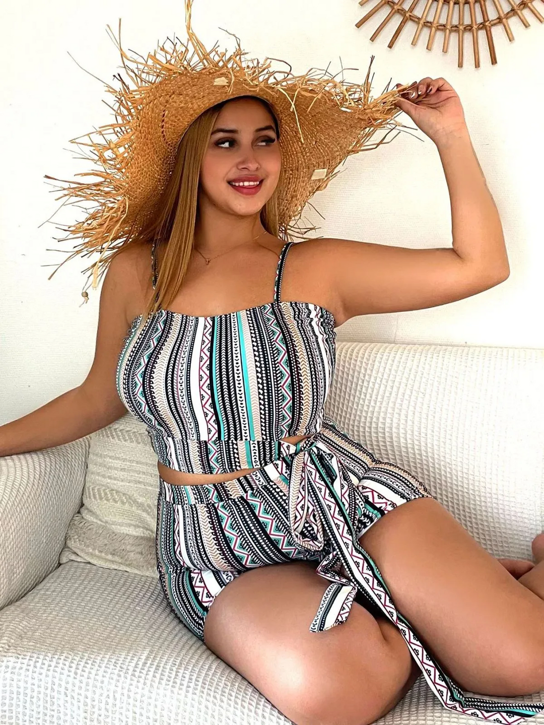 Summer Women Fashionable Plus Size Stripe Print Sling High Waist Swimsuit Set