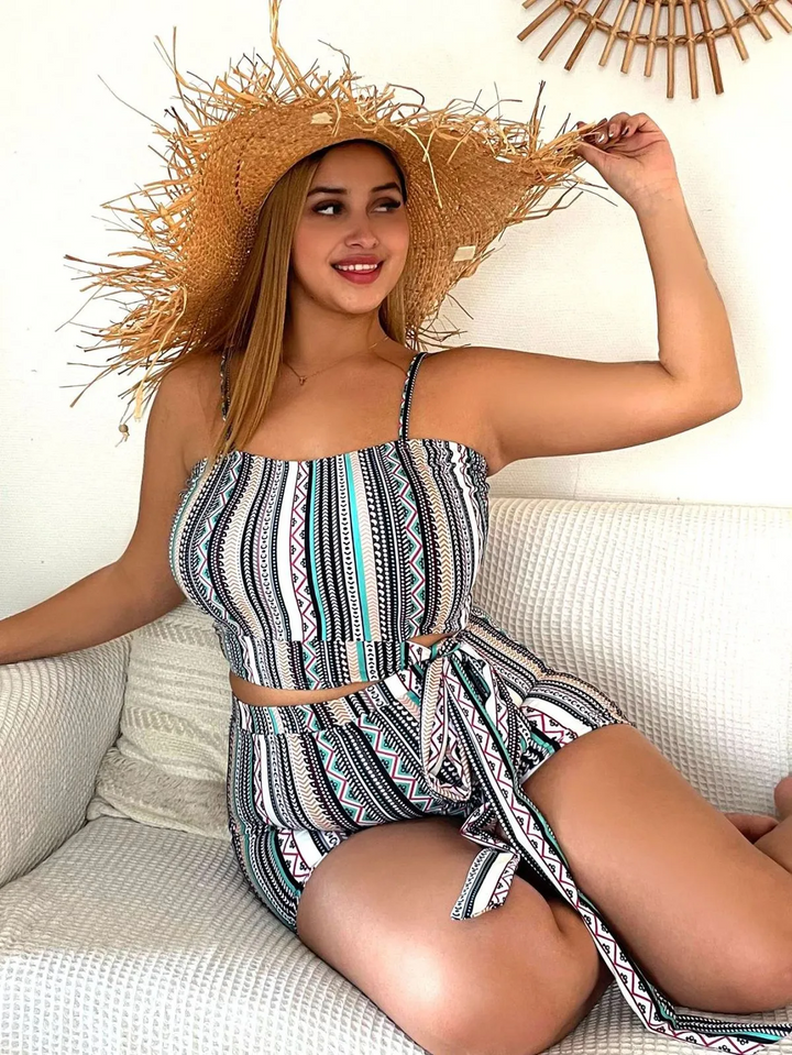 Summer Women Fashionable Plus Size Stripe Print Sling High Waist Swimsuit Set