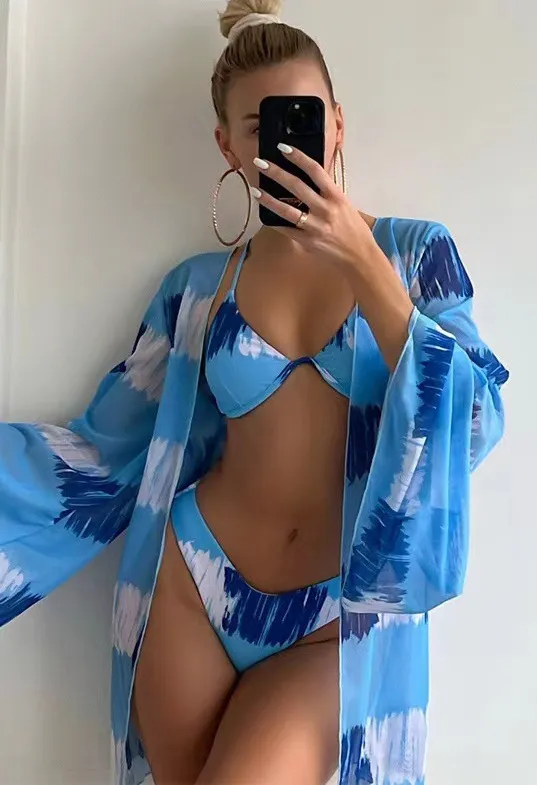Summer Women Fashion Sexy Printed Bikini Swimwear Sunscreen Cover-Ups Three-Piece Set