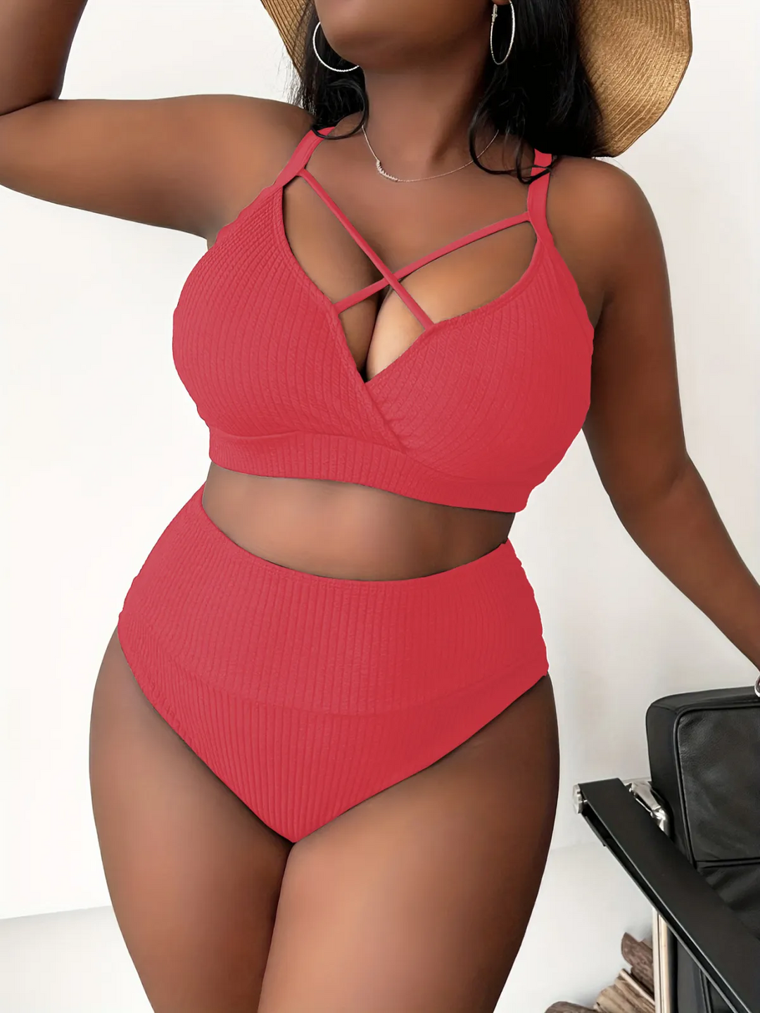 Summer Women Fashion Sexy Plus Size Solid Color Cross Hollow Sling High Waist Swimsuit Set
