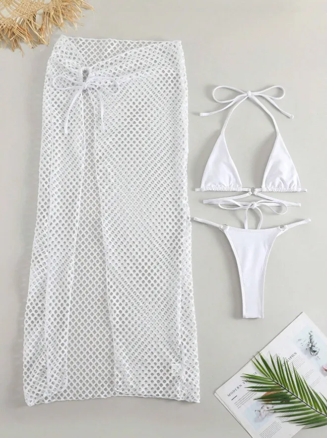 Swimsuit Women Three-Piece Sexy Split Bikini Long Skirt Solid Color Halter Strap Set