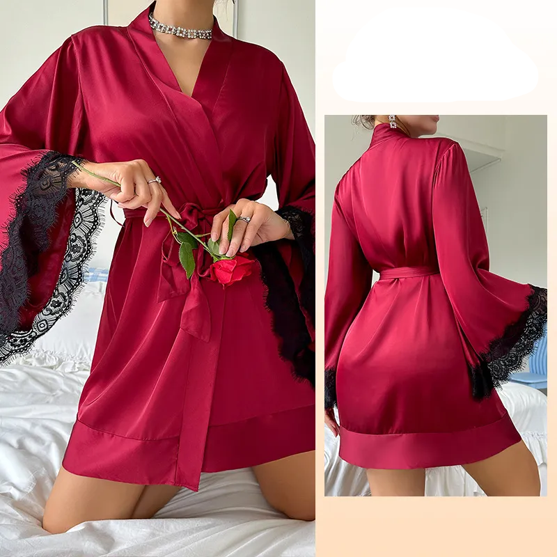 V-Neck Lace Long Sleeve Satin Pajama Set