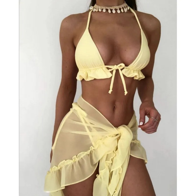 Women Halterneck Lace Pleated Mesh Skirt Bikini Set