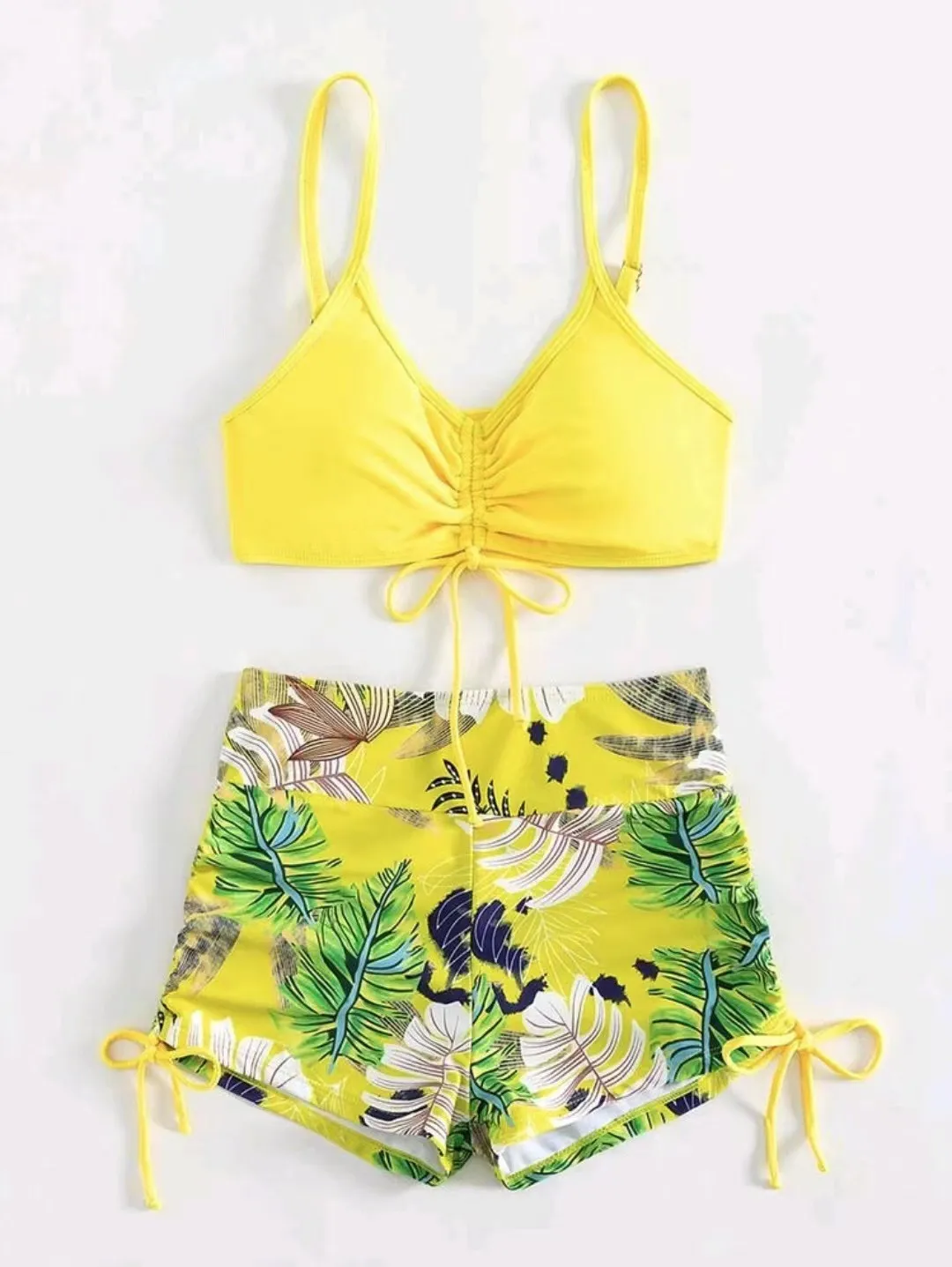 Summer Women Bikini Sexy Leaf Print Boxer Split Swimsuit