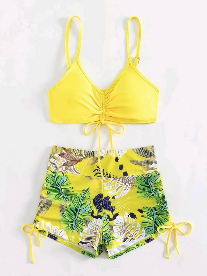 Summer Women Bikini Sexy Leaf Print Boxer Split Swimsuit