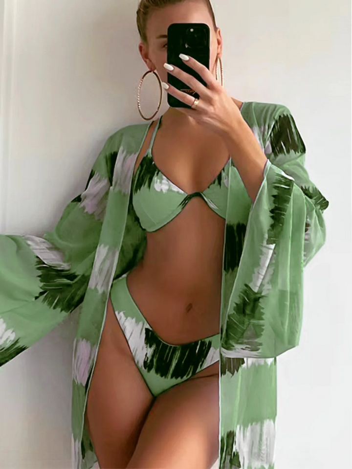 Summer Women Fashion Sexy Printed Bikini Swimwear Sunscreen Cover-Ups Three-Piece Set