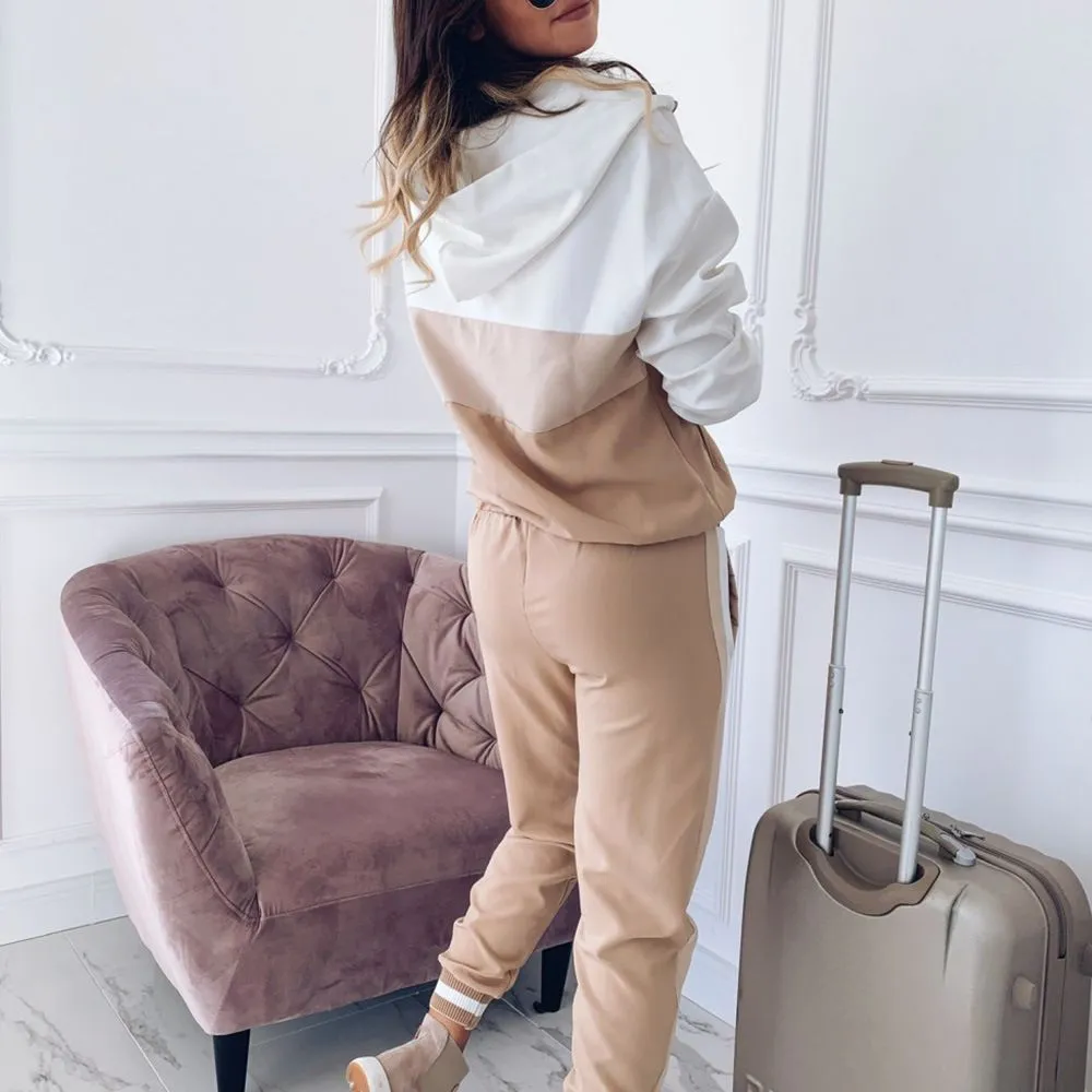 Patchwork Style Zipper Hoodie Comfy Jogger Set