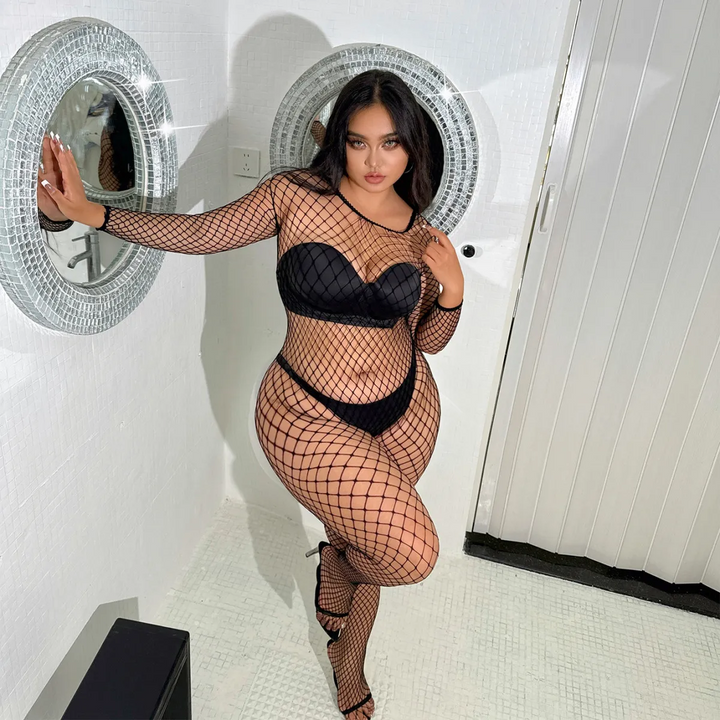 Plus Size Fishnet Crotchless Lingerie Jumpsuit