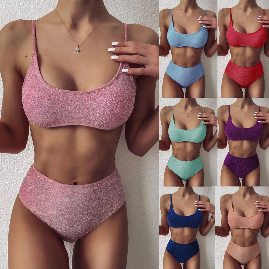 High-Waist Glitter Solid Color Bikini Set