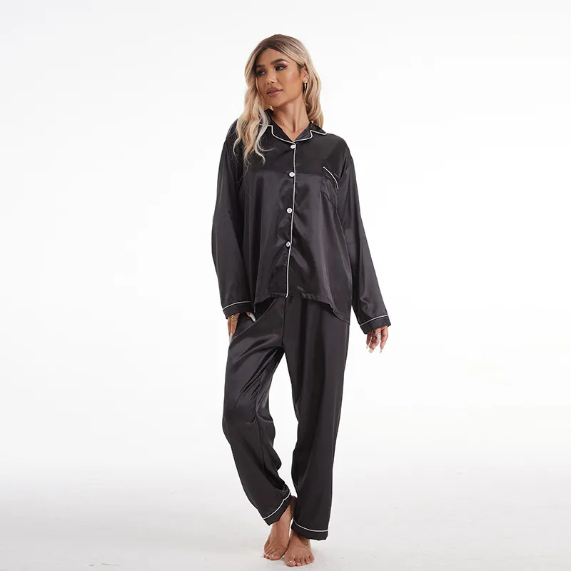 Casual Ice Silk Lapel Long Sleeve Pajama Set