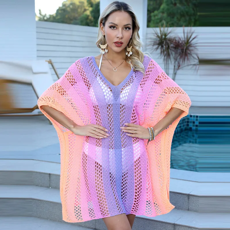 Coastal Glow Gradient Knit V-Neck Bikini Cover-Up