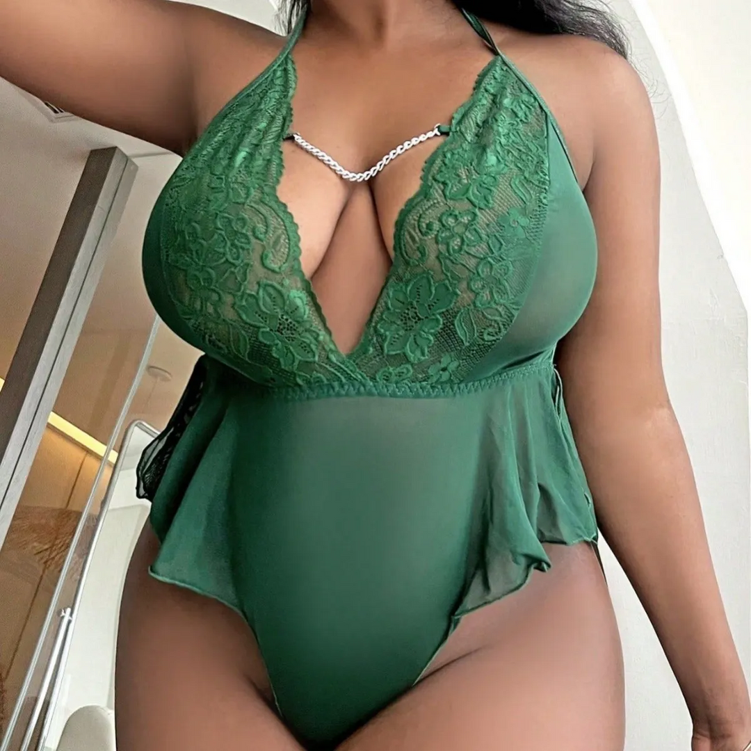 Plus Size Halter Neck Backless Lace Sheer Lingerie Bodysuit