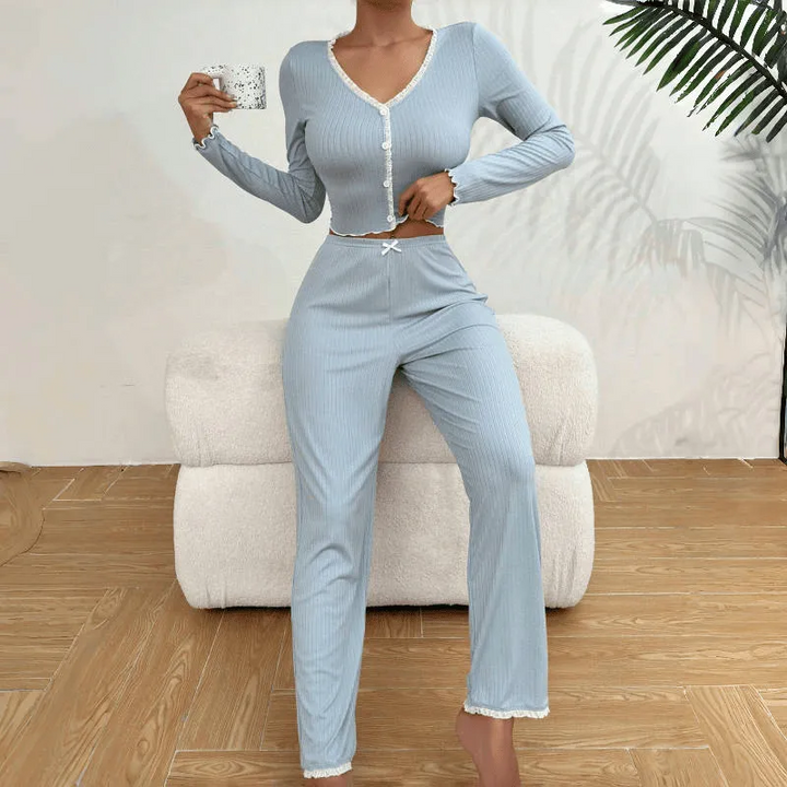 Casual Solid Color Lace Loungewear Set