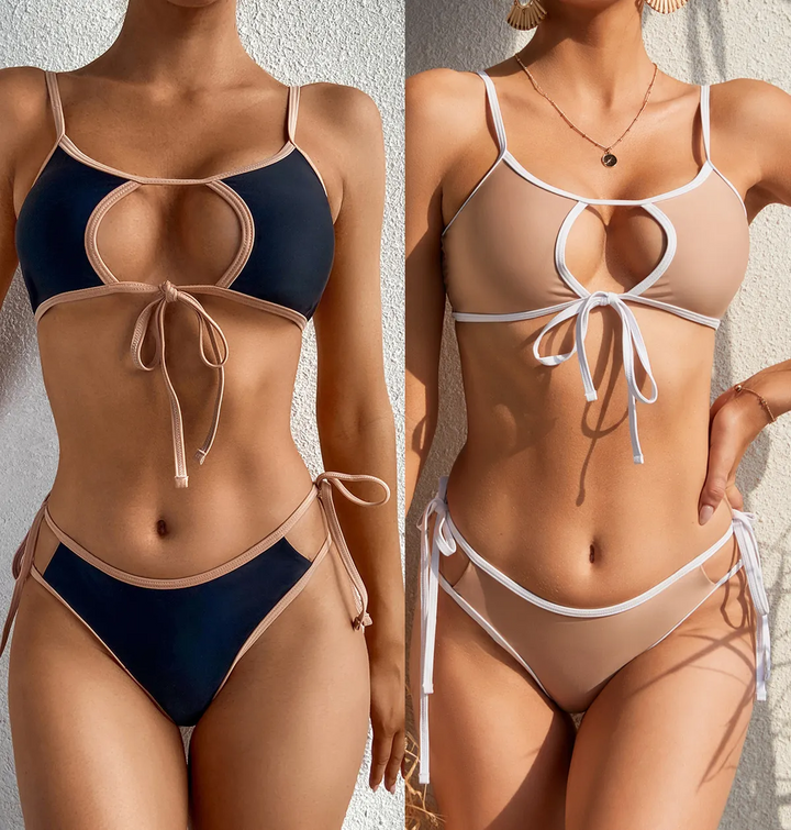 Color Block Lace-Up Strap Bikini Set