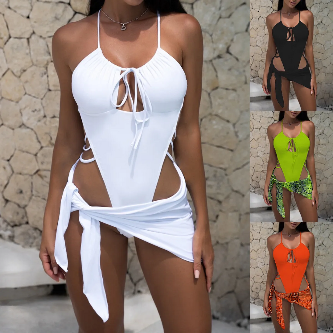 Women Fashion Sexy Solid Color Strap One-Piece Swimsuit Skirt Two-Piece Set