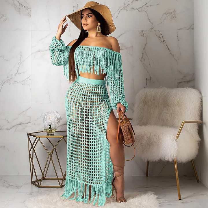 Summer Drift Tassel Knit Two-Piece Beach Cover-Up Set