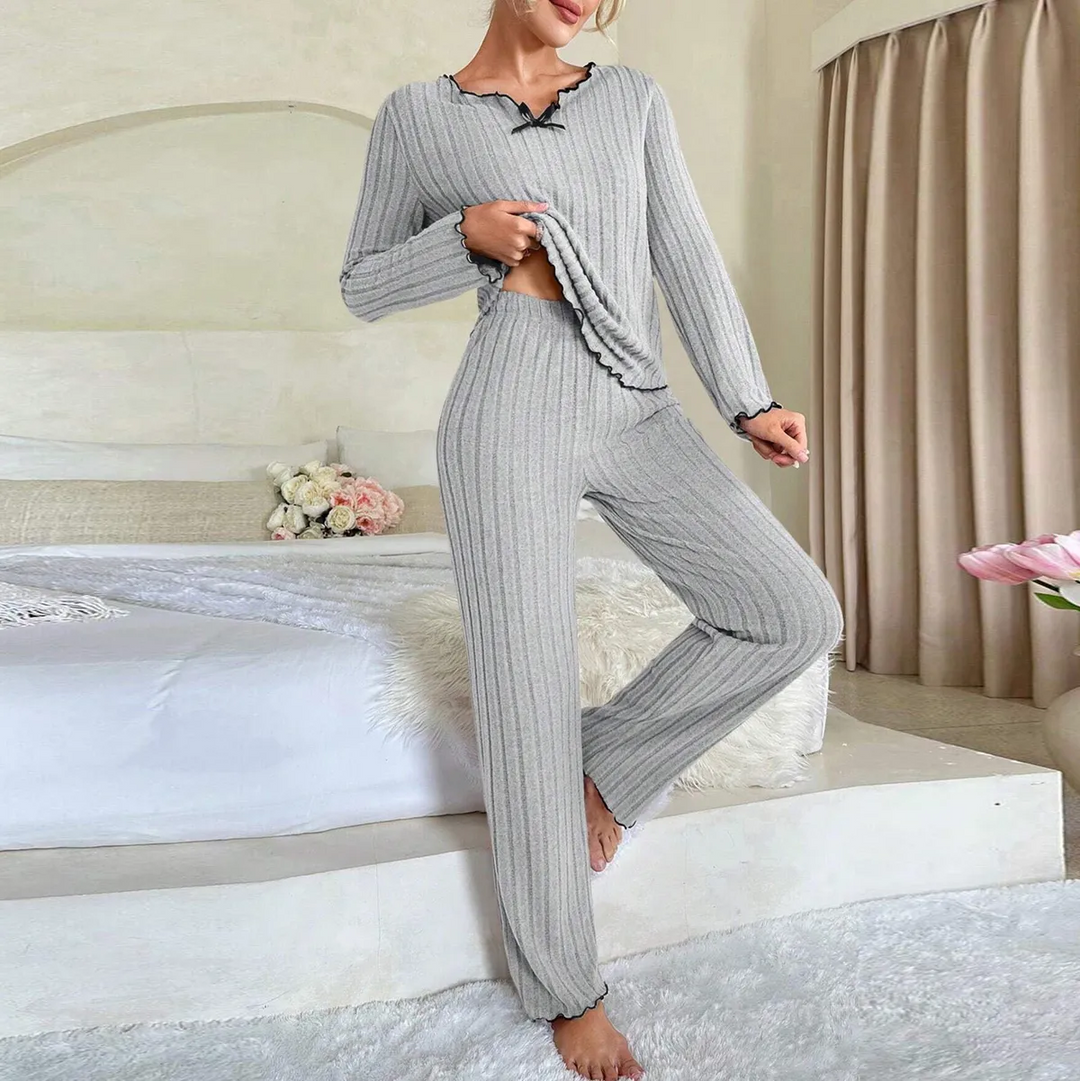 Casual Solid Color Ruffle Trim Loungewear Set