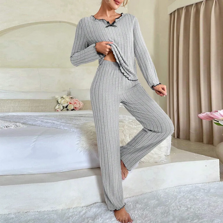 Casual Solid Color Ruffle Trim Loungewear Set