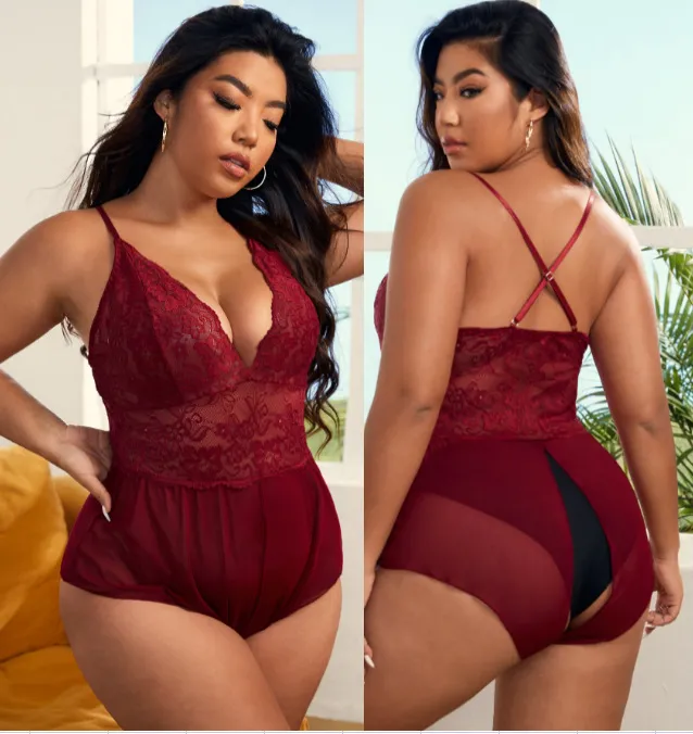 Plus Size Deep V Sheer Sling Lingerie Bodysuit