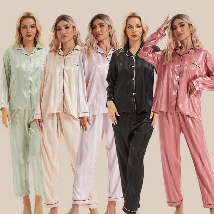 Casual Striped Imitation Silk Long Sleeve Pajama Set