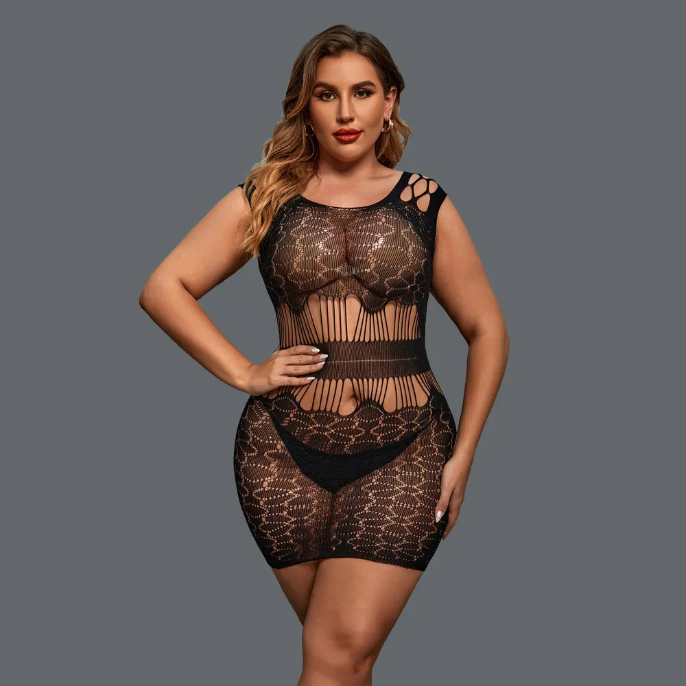 Plus Size Sheer Jacquard Hollow-Out Tight Lingerie