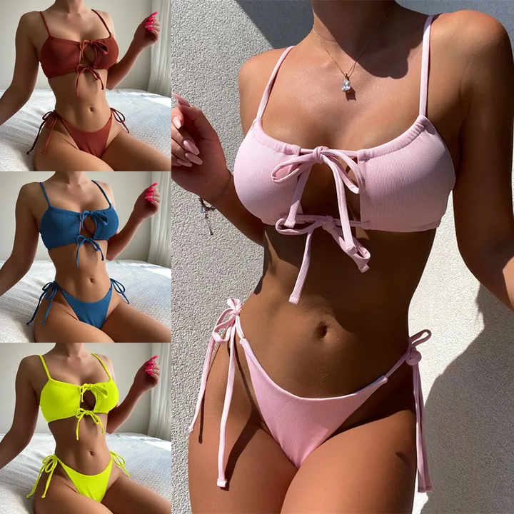 Solid Color Hollow Strap Bikini Set