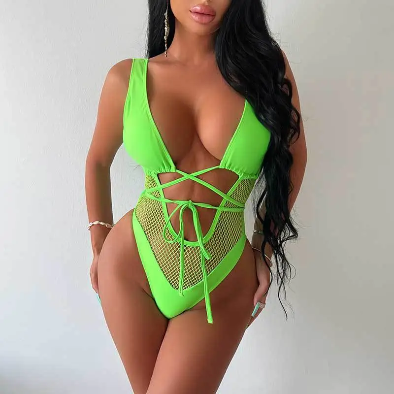 Summer Mesh Lace-Up Backless Hollow One-Piece Swimsuit for Women