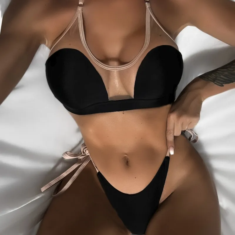 Mesh Patchwork Strap Bikini Set