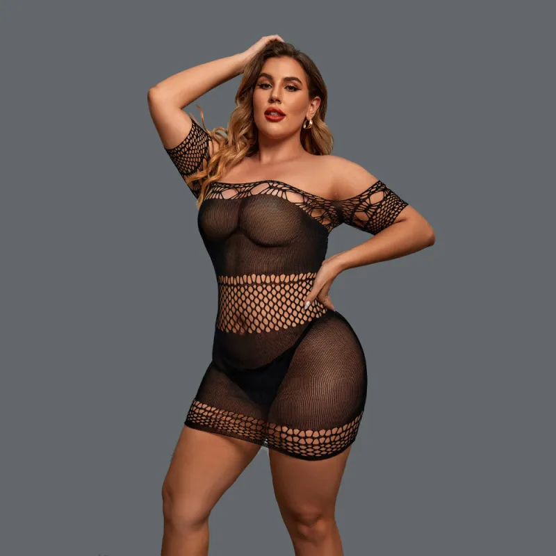 Plus Size Off-Shoulder Sheer Hollow-Out Lingerie