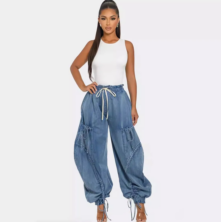 Bow Tie Lace Trim Comfy Denim Jogger Pants